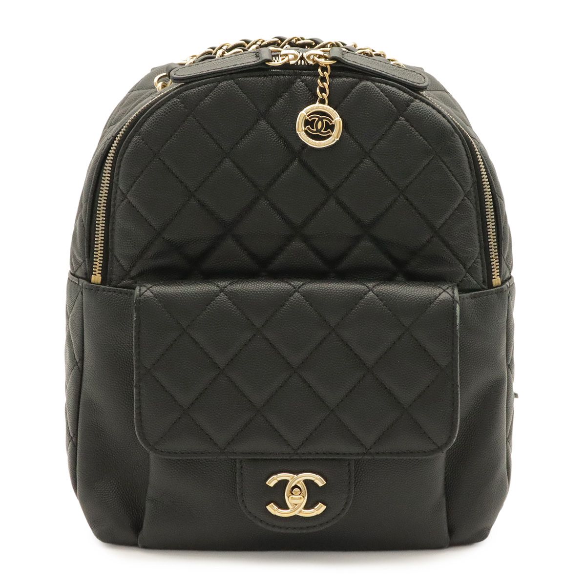 Chanel Quilted CC Logo Chain Backpack Mini Caviar Leather Black Gold