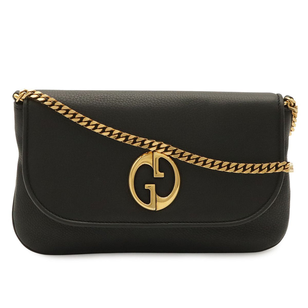 Gucci Interlocking G Double G Chain Shoulder Bag Leather Black Gold