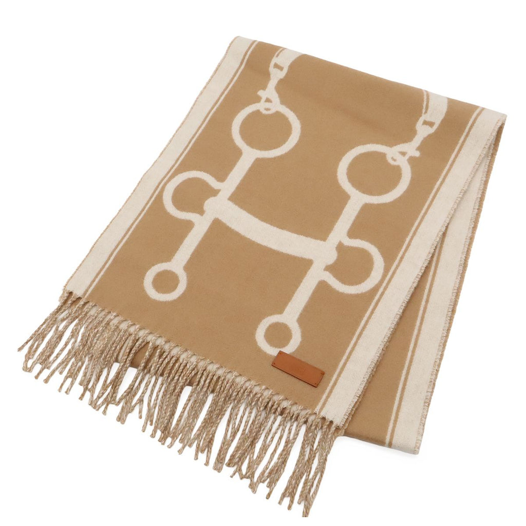 Hermes Mall Scarf Shawl Fringe Cashmere Beige White
