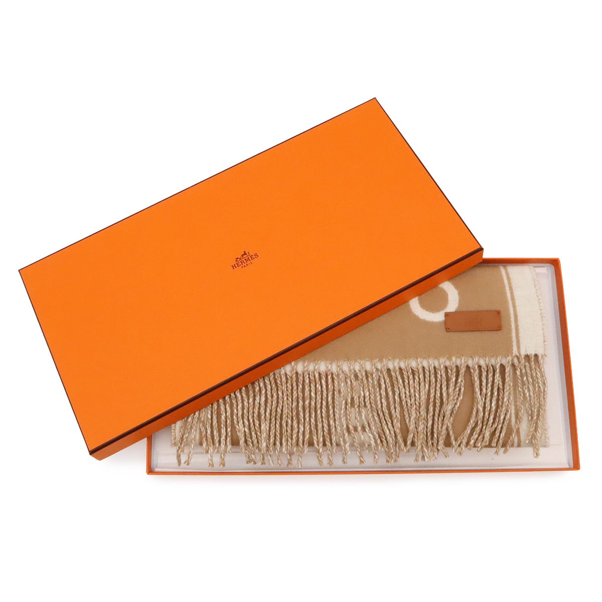 Hermes Mall Scarf Shawl Fringe Cashmere Beige White — view 7