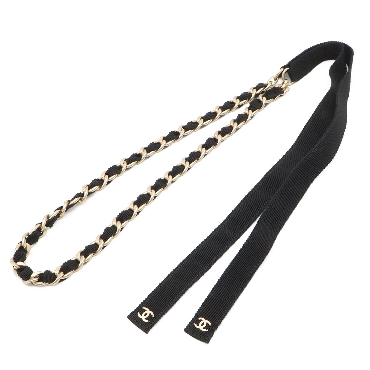 Chanel CC Logo Chain Belt Grosgrain Ribbon Black Gold