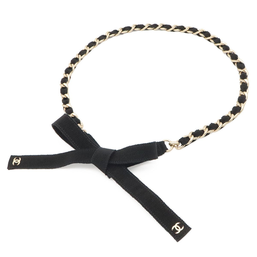 Chanel CC Logo Chain Belt Grosgrain Ribbon Black Gold — view 5