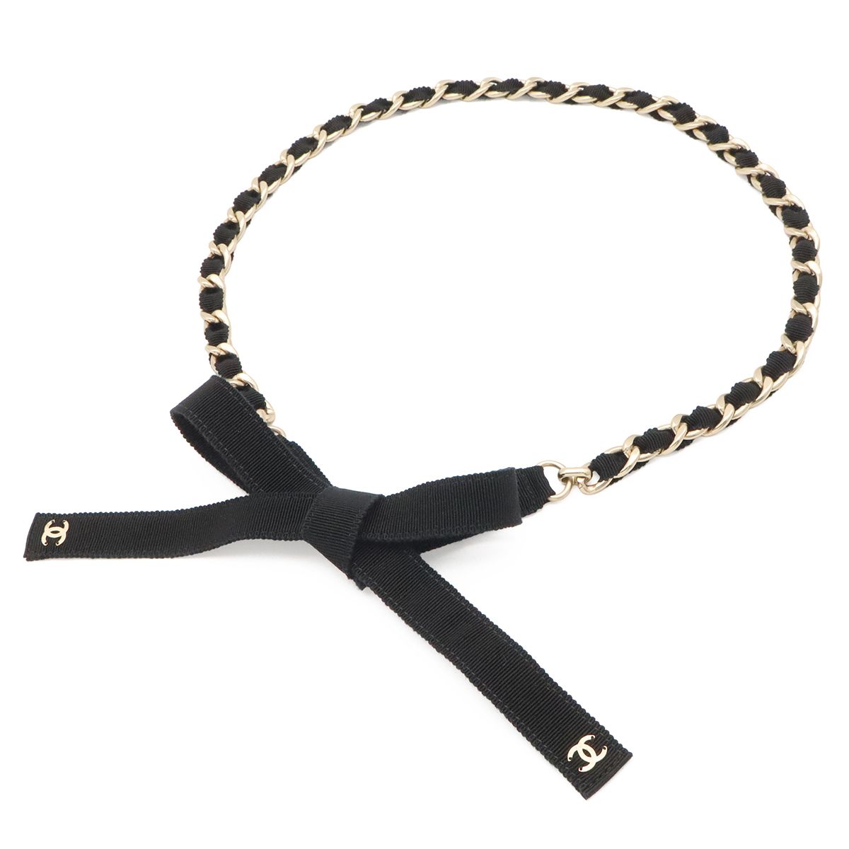 Chanel CC Logo Chain Belt Grosgrain Ribbon Black Gold — view 5