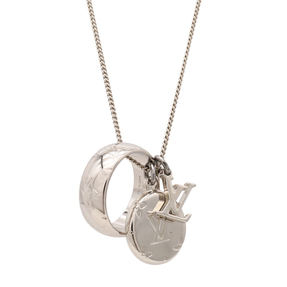 Louis Vuitton Ring Necklace Monogram Pendant Logo Charm Metal Silver