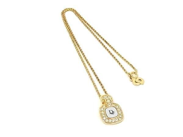 Dior Necklace Square Logo Gold Silver Metal Rhinestone Vintage