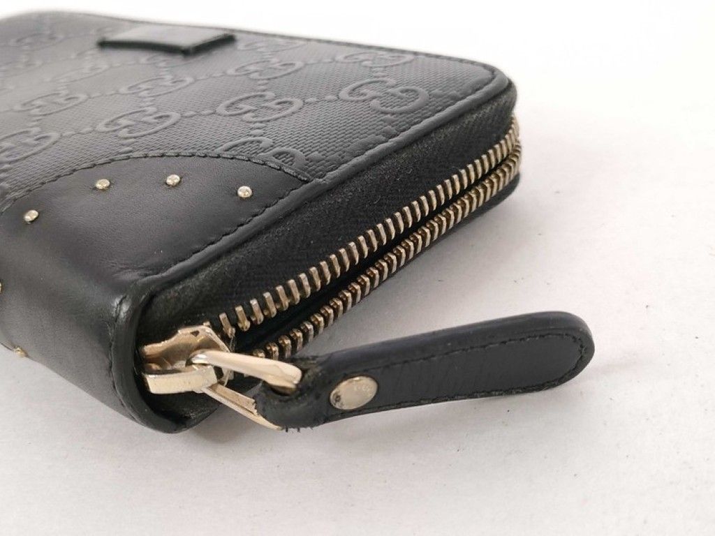Gucci Wallet Diamante Black Leather GG Pattern Embossed Studs Zip Around Gold — view 6