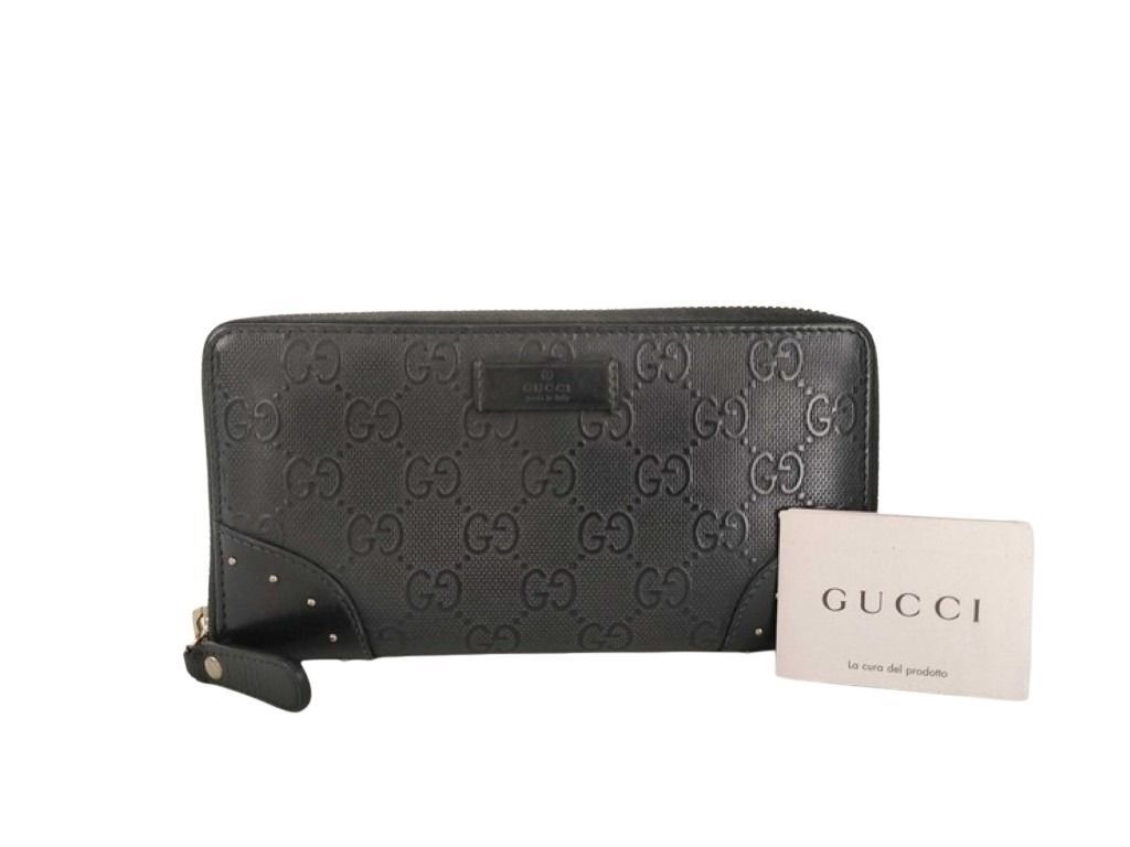 Gucci Wallet Diamante Black Leather GG Pattern Embossed Studs Zip Around Gold