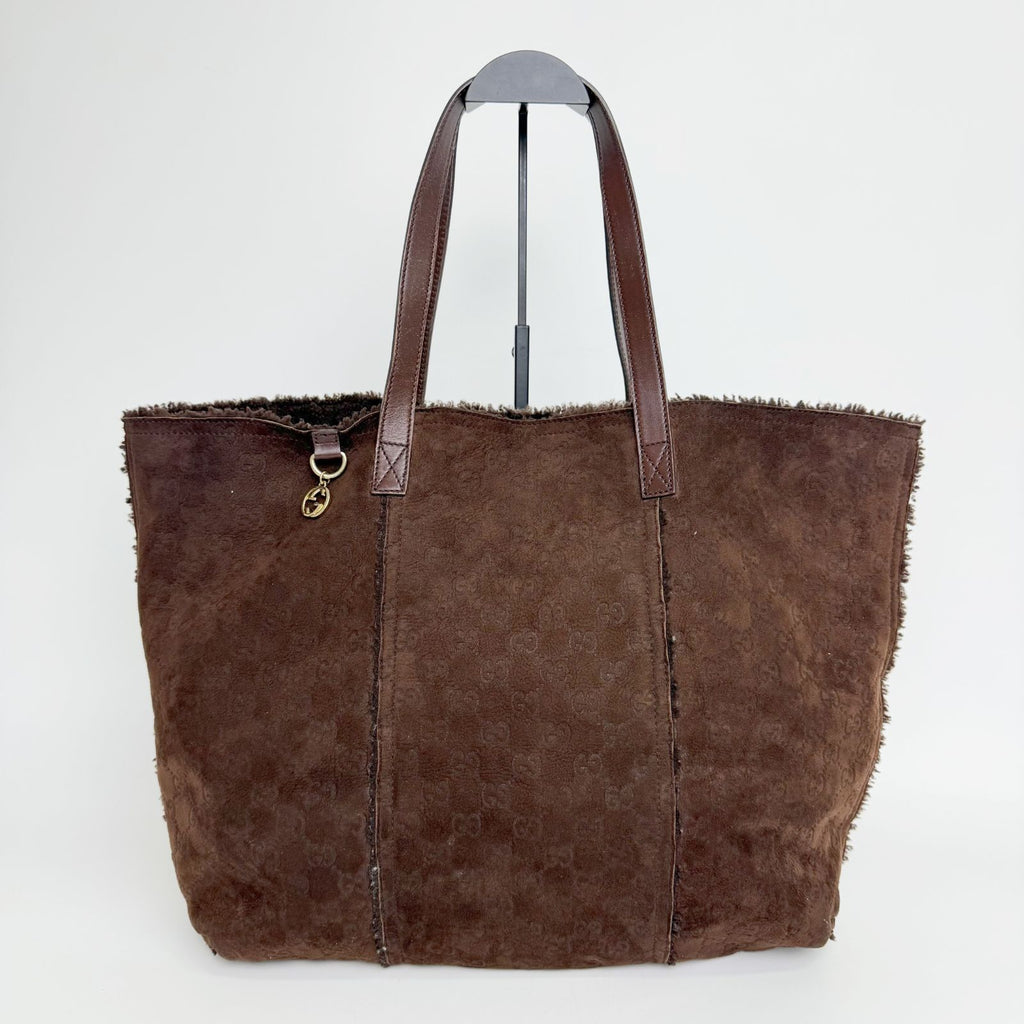 Gucci GG Monogram Pouch Tote Shoulder Bag Shearling Suede Brown Vintage — view 2