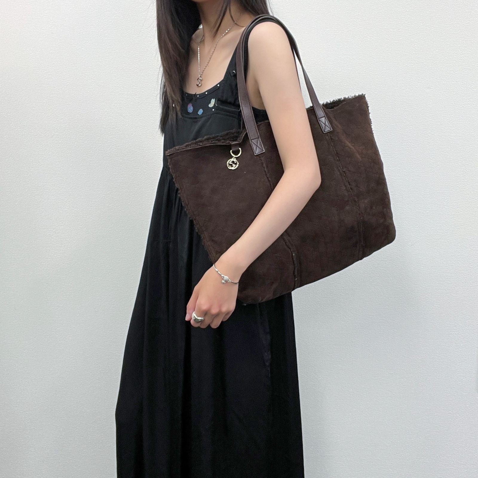 Gucci GG Monogram Pouch Tote Shoulder Bag Shearling Suede Brown Vintage