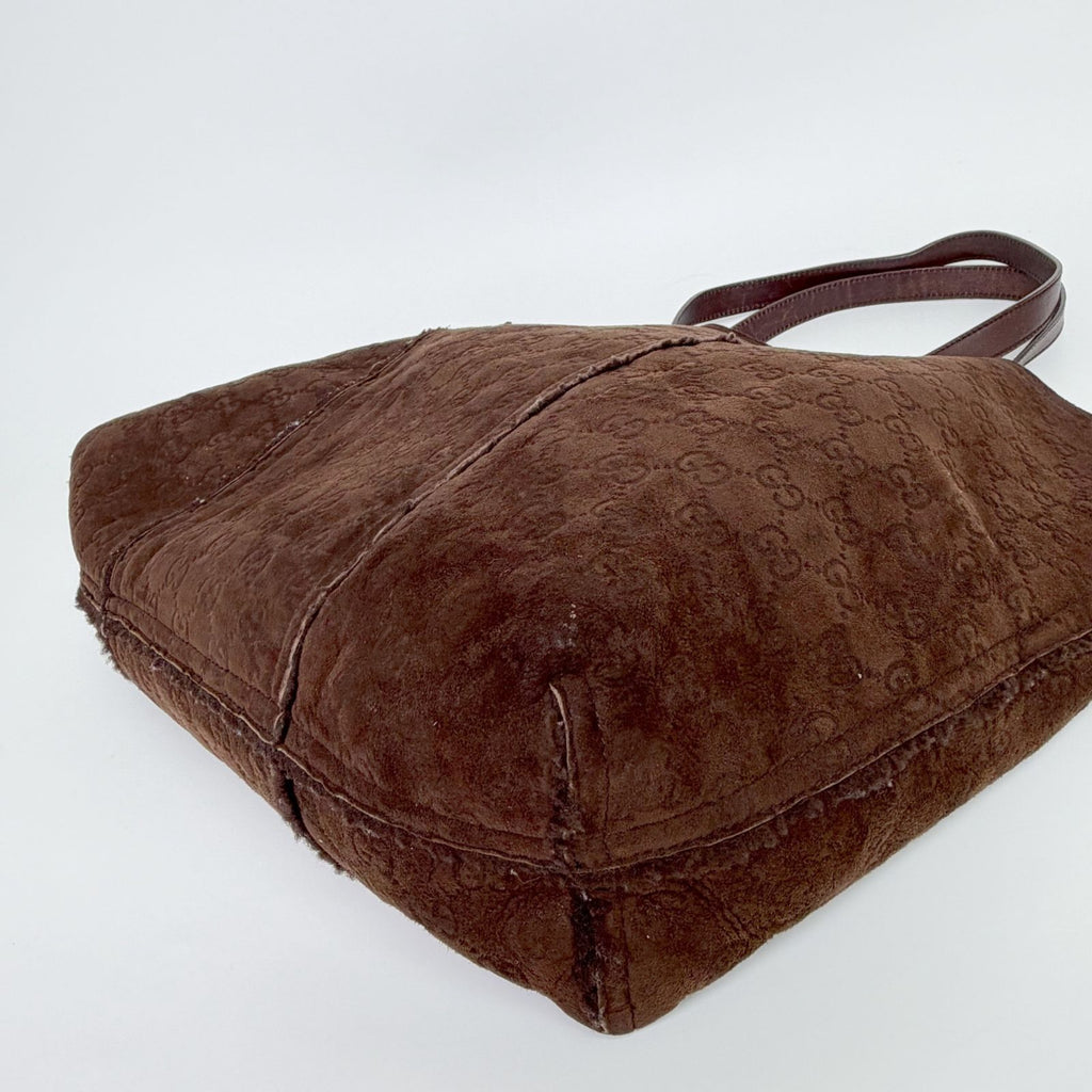 Gucci GG Monogram Pouch Tote Shoulder Bag Shearling Suede Brown Vintage — view 8