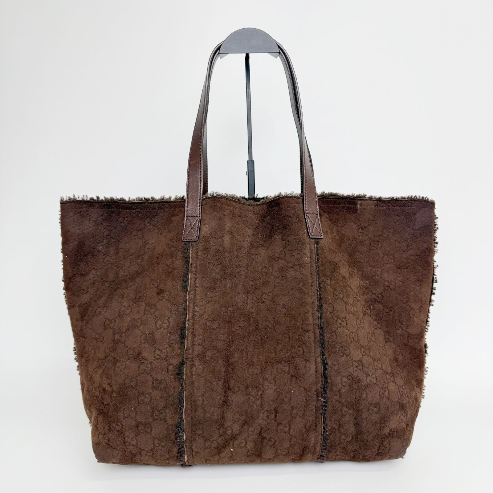 Gucci GG Monogram Pouch Tote Shoulder Bag Shearling Suede Brown Vintage — view 3