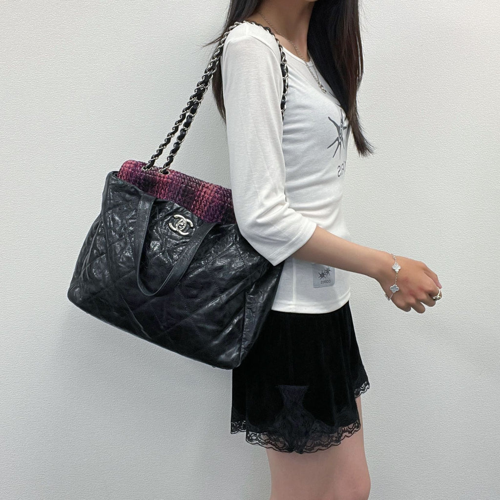 Chanel CC Logo Quilted Tweed Flap 2-Way Tote Chain Shoulder Bag Leather Black