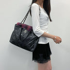 Chanel CC Logo Quilted Tweed Flap 2-Way Tote Chain Shoulder Bag Leather Black