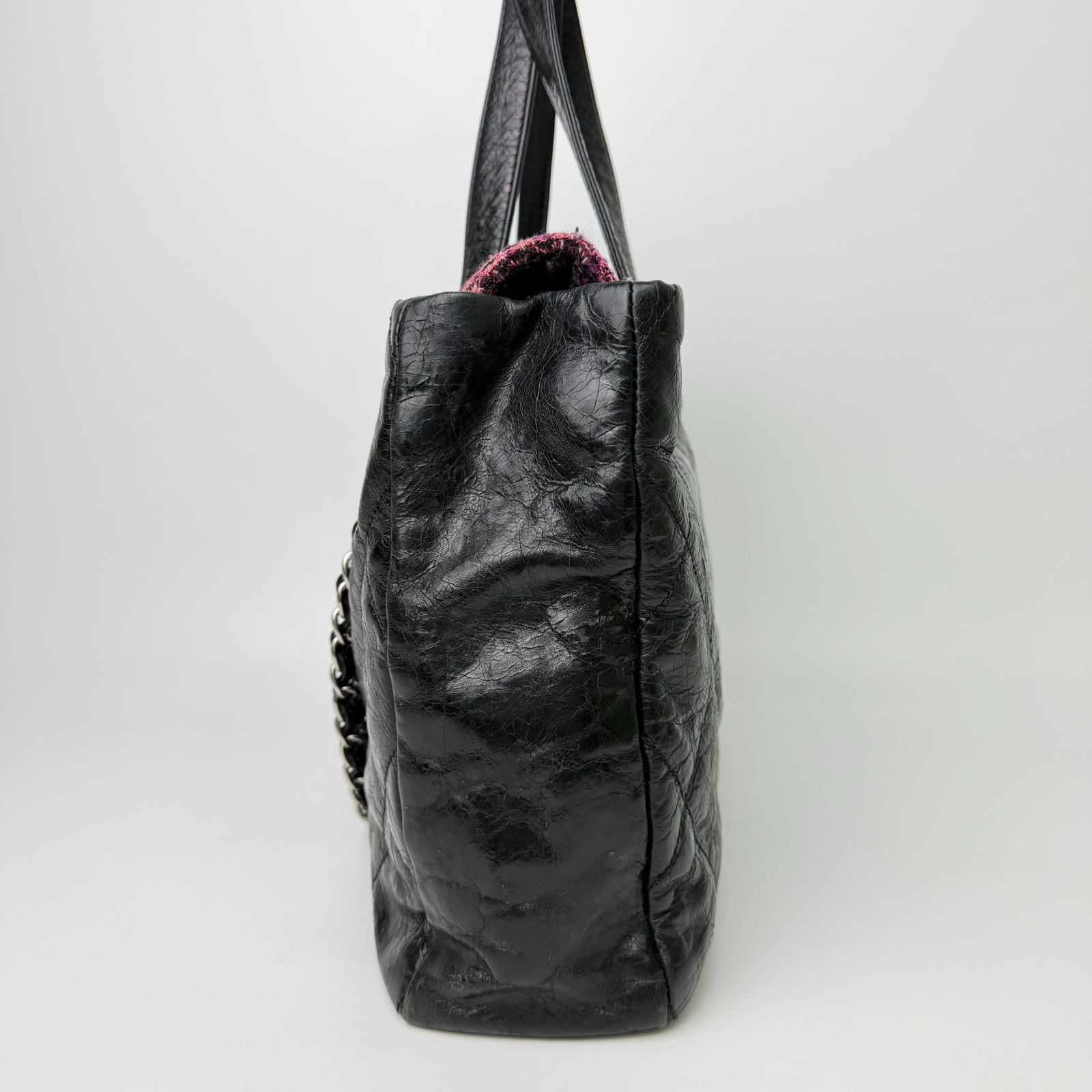 Chanel CC Logo Quilted Tweed Flap 2-Way Tote Chain Shoulder Bag Leather Black — view 7