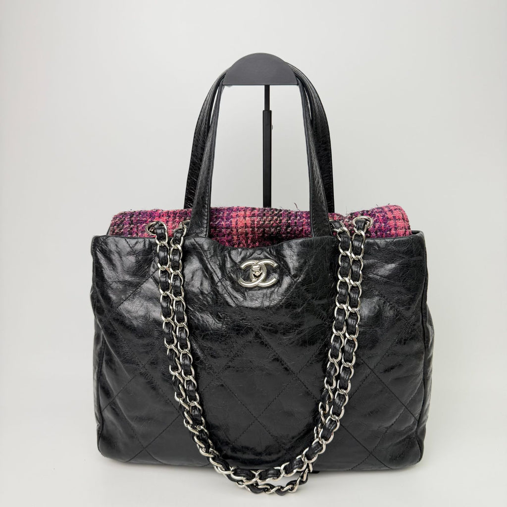 Chanel CC Logo Quilted Tweed Flap 2-Way Tote Chain Shoulder Bag Leather Black — view 3