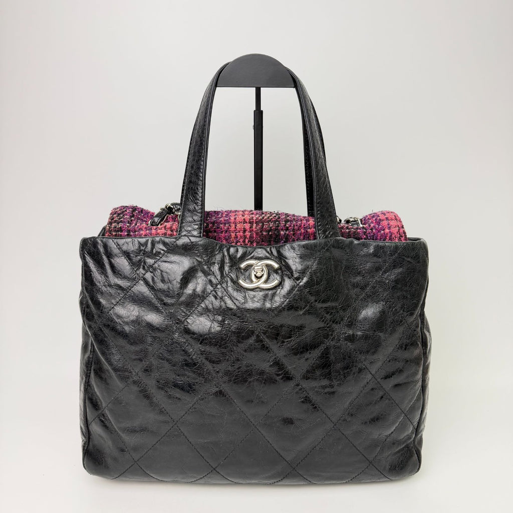 Chanel CC Logo Quilted Tweed Flap 2-Way Tote Chain Shoulder Bag Leather Black — view 4