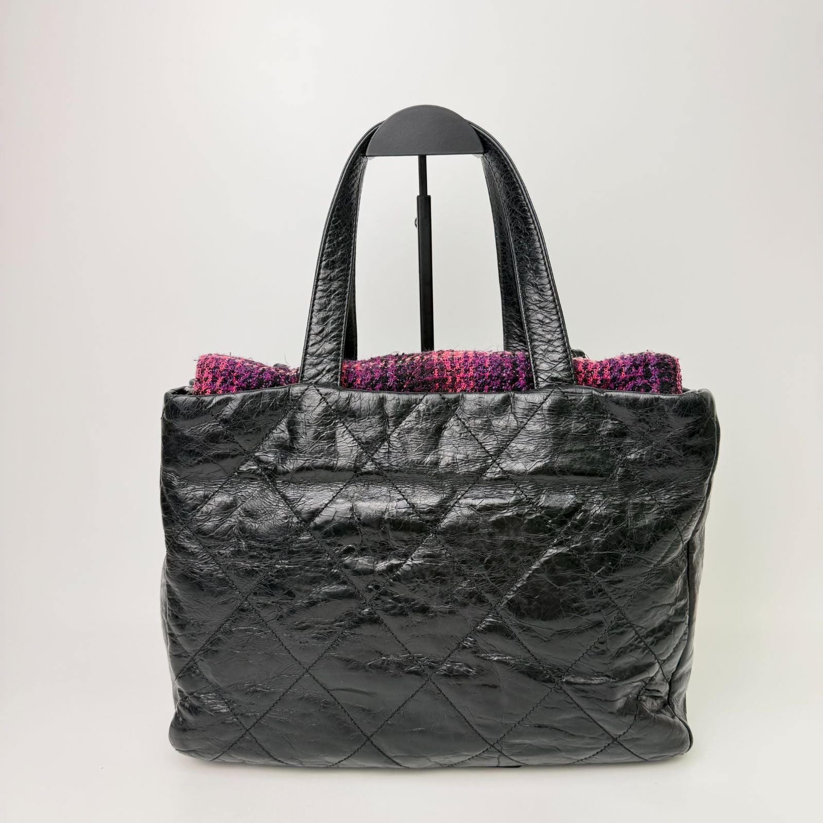 Chanel CC Logo Quilted Tweed Flap 2-Way Tote Chain Shoulder Bag Leather Black — view 5