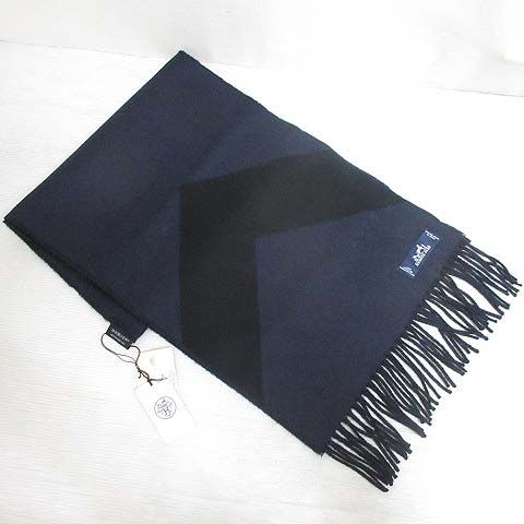 Hermes Casaque Chevron Scarf Shawl Cashmere 100% Navy Black Reversible Fringe