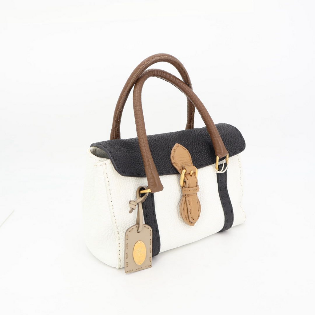 Fendi Selleria White Black & Tan Leather Top Handle Mini Handbag