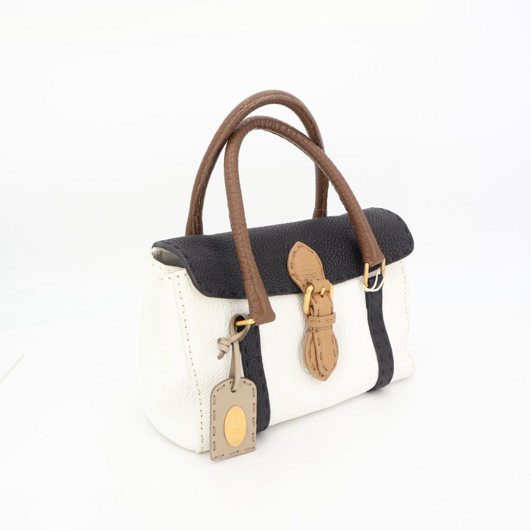 Fendi Selleria White Black & Tan Leather Top Handle Mini Handbag