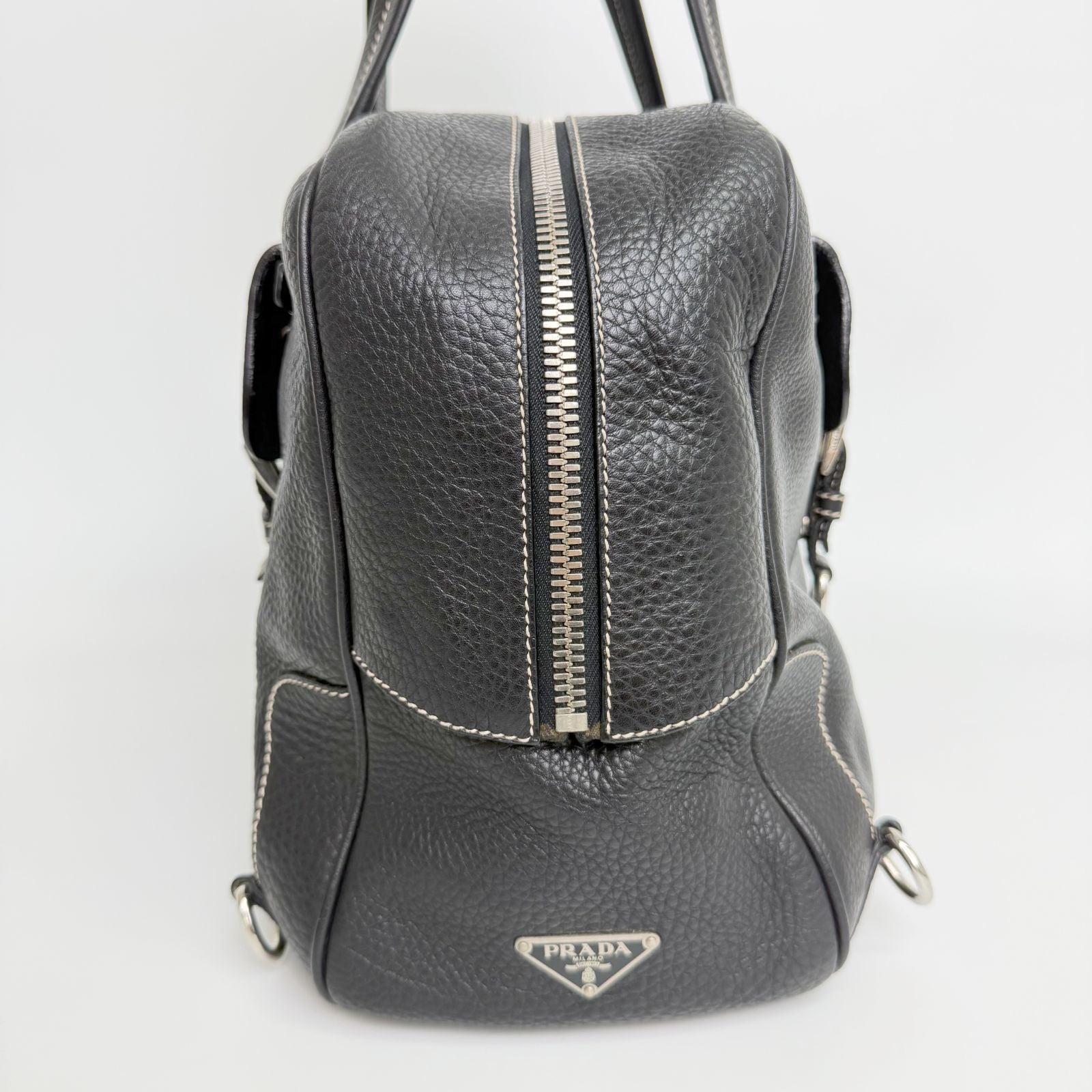 Prada Double Buckle with Cadena Leather Boston Bag Black Silver Vintage — view 5