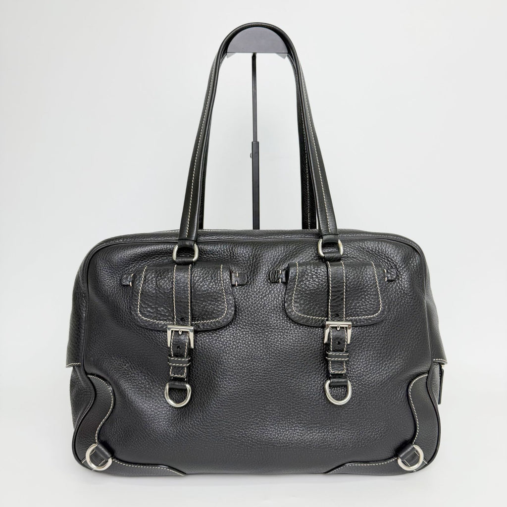 Prada Double Buckle with Cadena Leather Boston Bag Black Silver Vintage — view 4