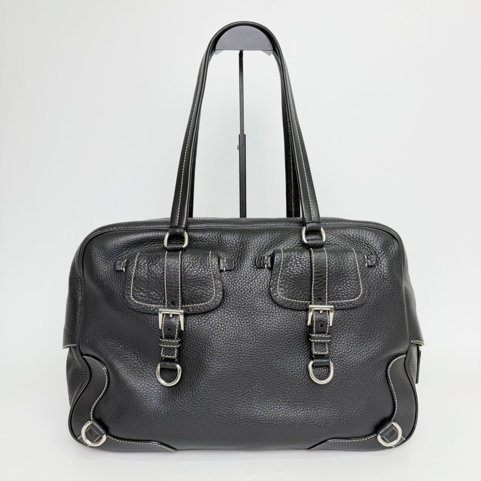 Prada Double Buckle with Cadena Leather Boston Bag Black Silver Vintage — view 4