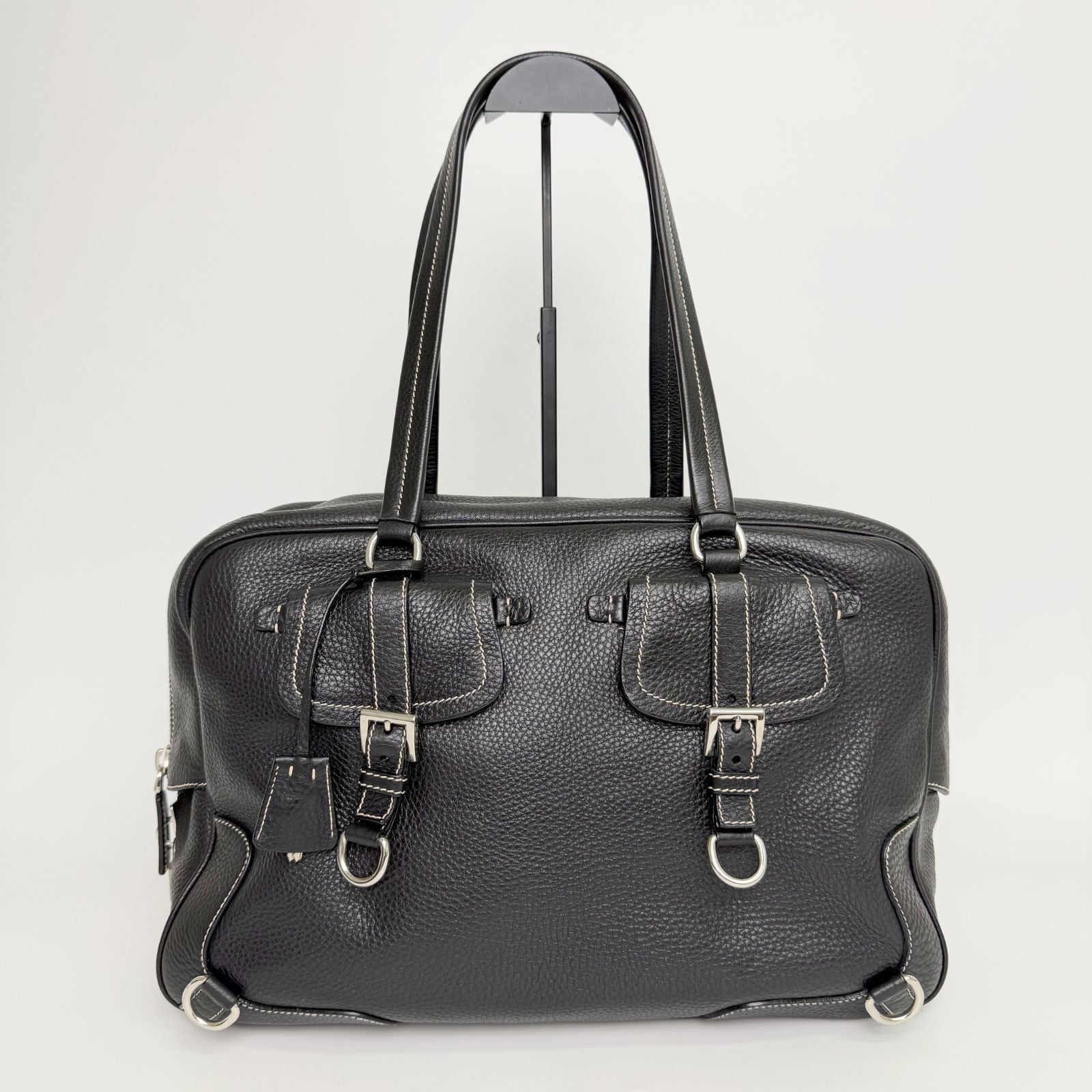 Prada Double Buckle with Cadena Leather Boston Bag Black Silver Vintage — view 3