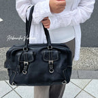 Prada Double Buckle with Cadena Leather Boston Bag Black Silver Vintage — view 2
