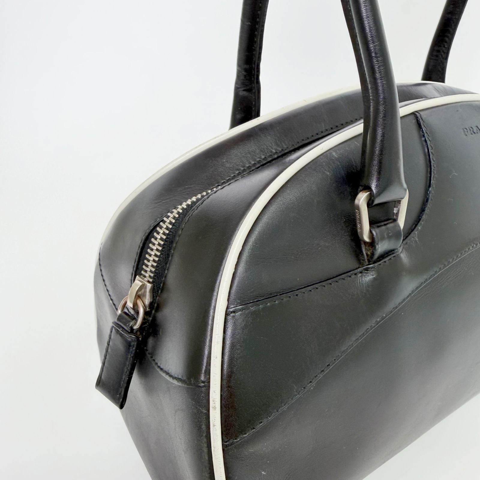 Prada Archive Bowling Bag Leather Black Silver Vintage — view 6