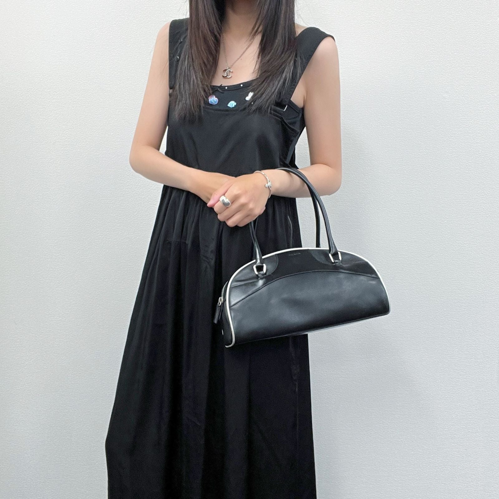 Prada Archive Bowling Bag Leather Black Silver Vintage