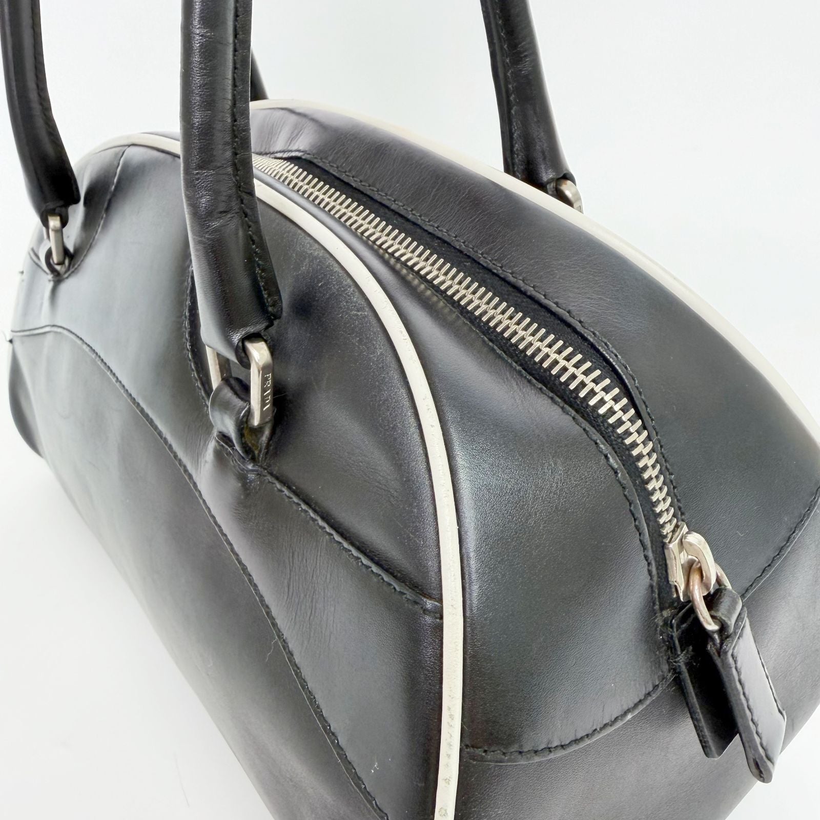 Prada Archive Bowling Bag Leather Black Silver Vintage — view 7