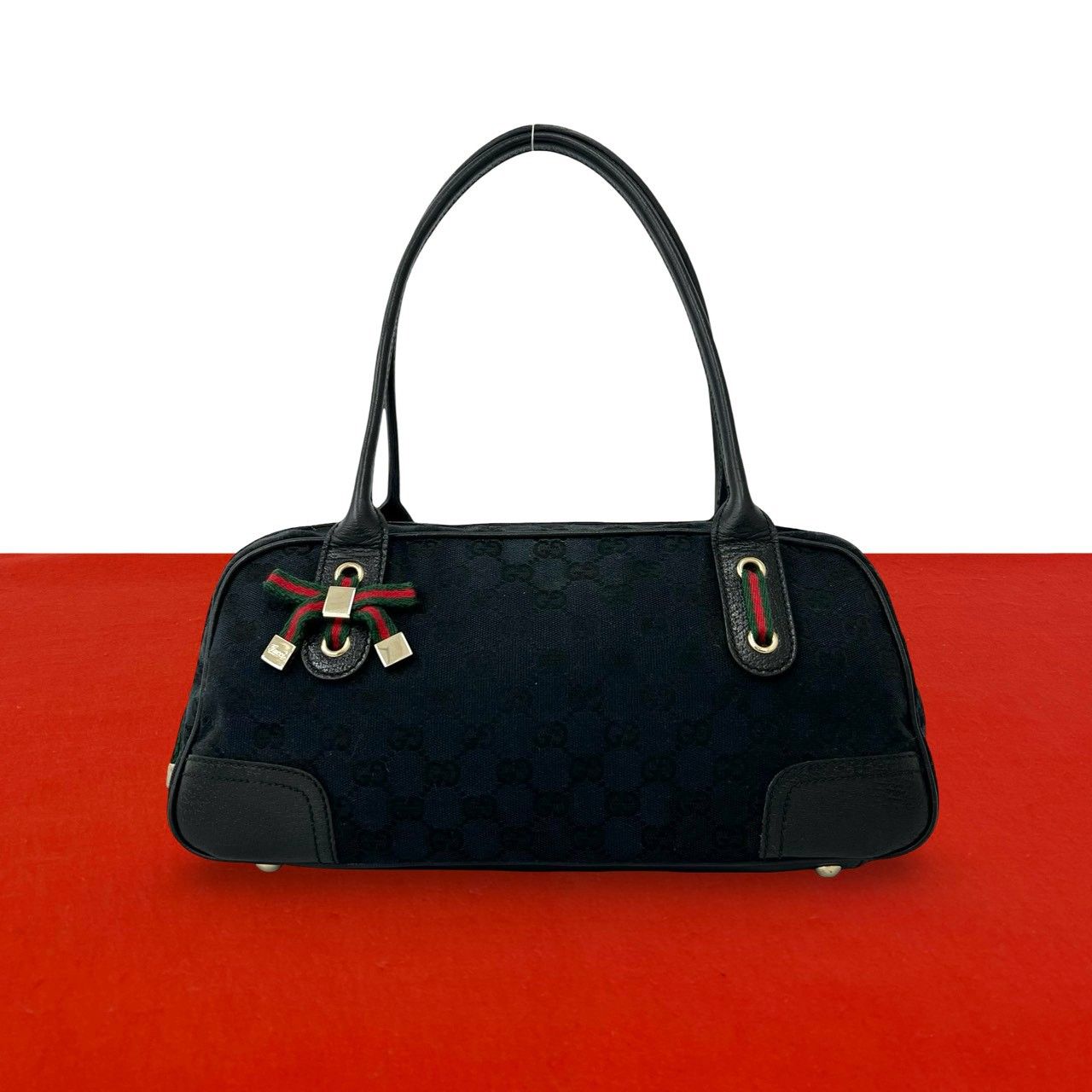 Gucci Princy Sherry Line GG Pattern Canvas Leather Tote Mini Boston Bag Black