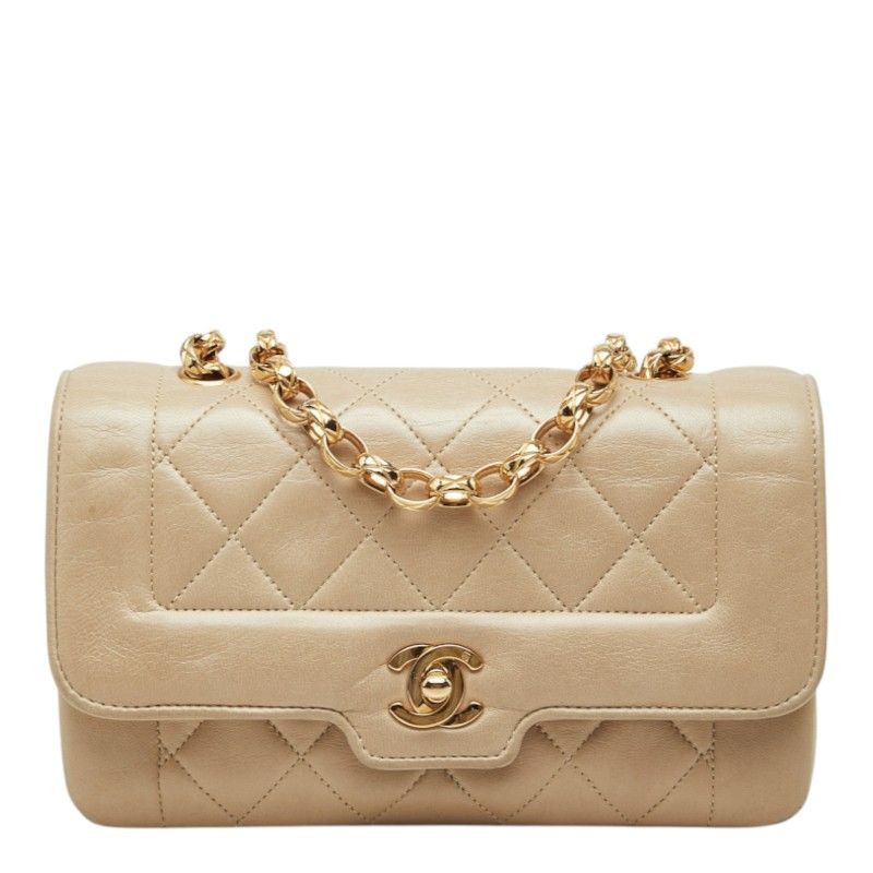 Chanel Diana CC Logo Chain Shoulder Bag Crossbody Beige Gold Lambskin