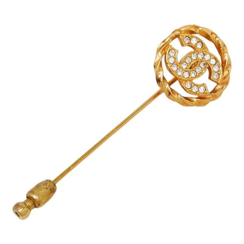 Chanel CC Logo Brooch Gold Plated Rhinestone