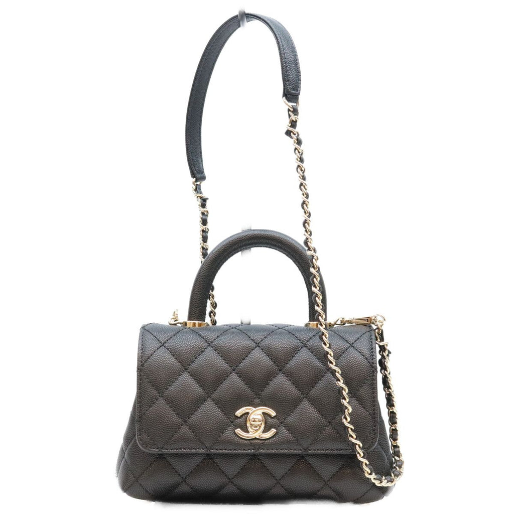 Chanel Black Caviar Leather Champagne Gold Coco Handle 19 XXS Chain Shoulder Bag