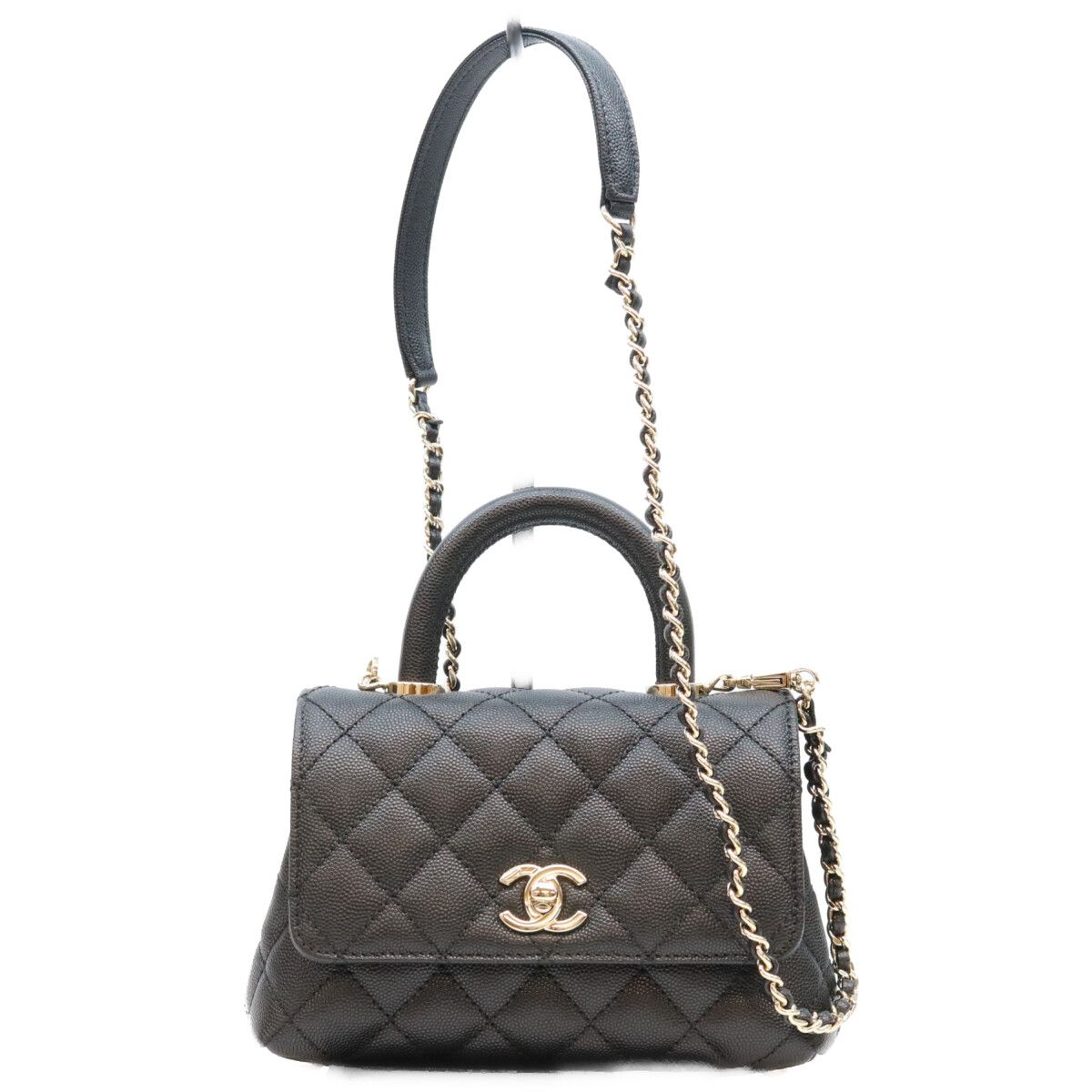 Chanel Black Caviar Leather Champagne Gold Coco Handle 19 XXS Chain Shoulder Bag