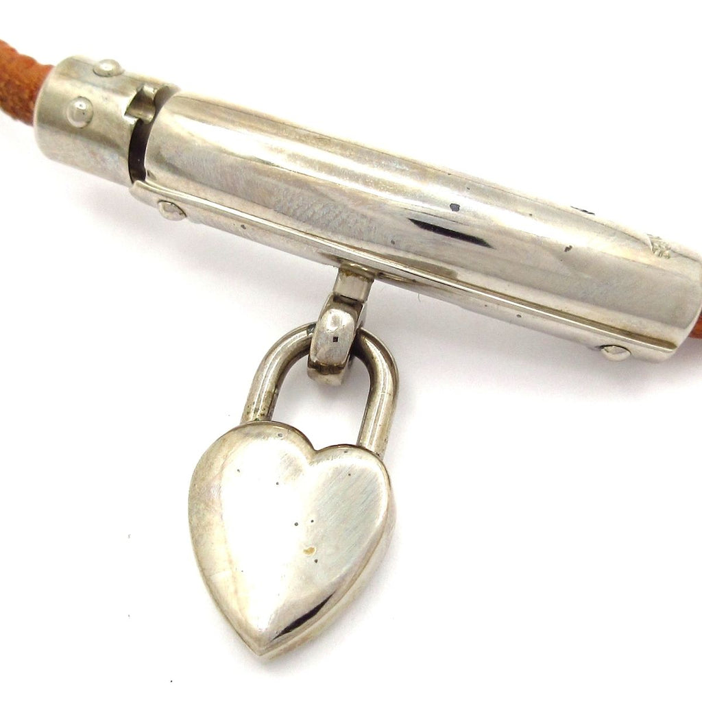 Hermes Choker Fantasy Leather Brown Silver Heart Necklace — view 3