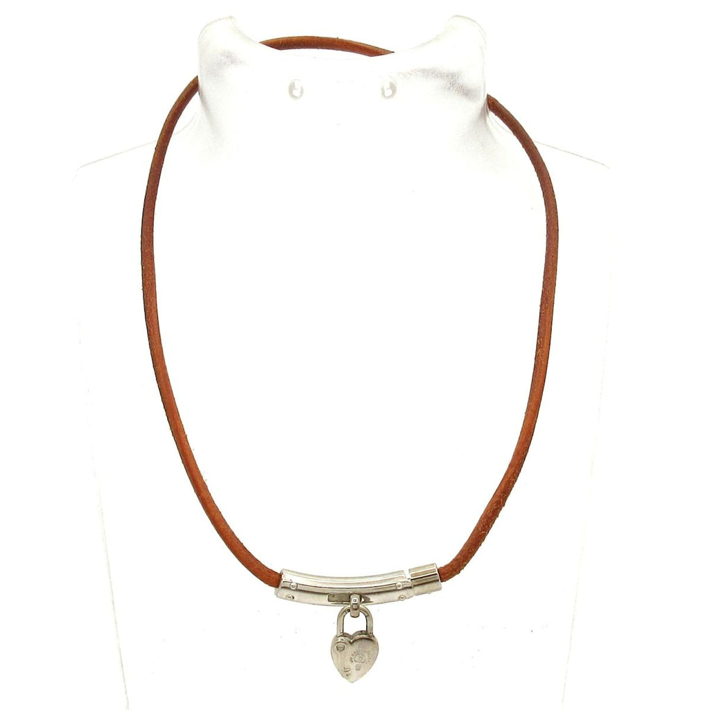 Hermes Choker Fantasy Leather Brown Silver Heart Necklace — view 2
