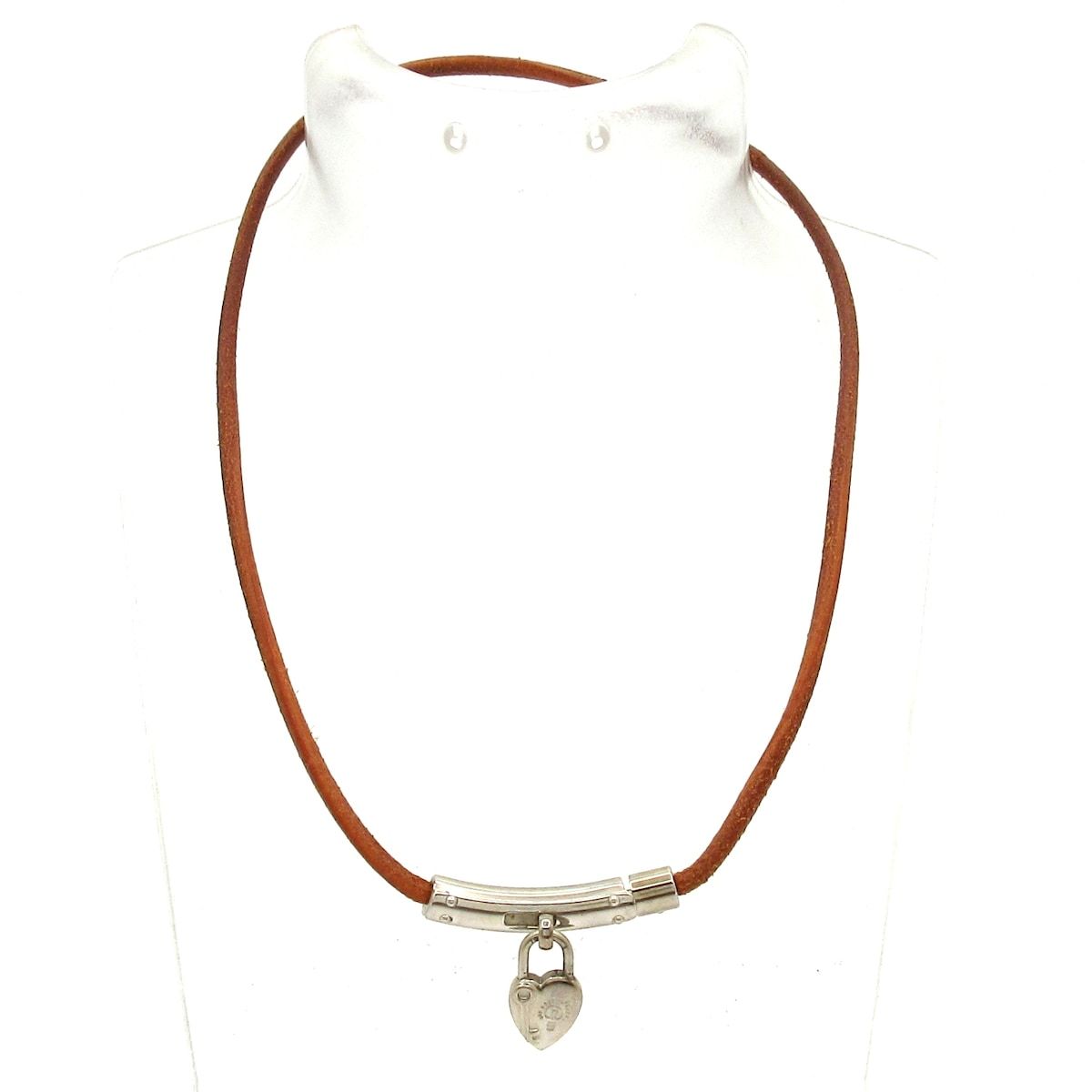 Hermes Choker Fantasy Leather Brown Silver Heart Necklace — view 2
