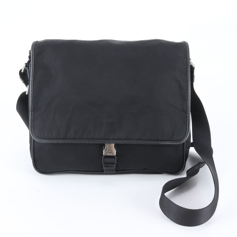 Prada Tessuto Nylon Triangle Logo Leather Shoulder Bag Crossbody Messenger Black
