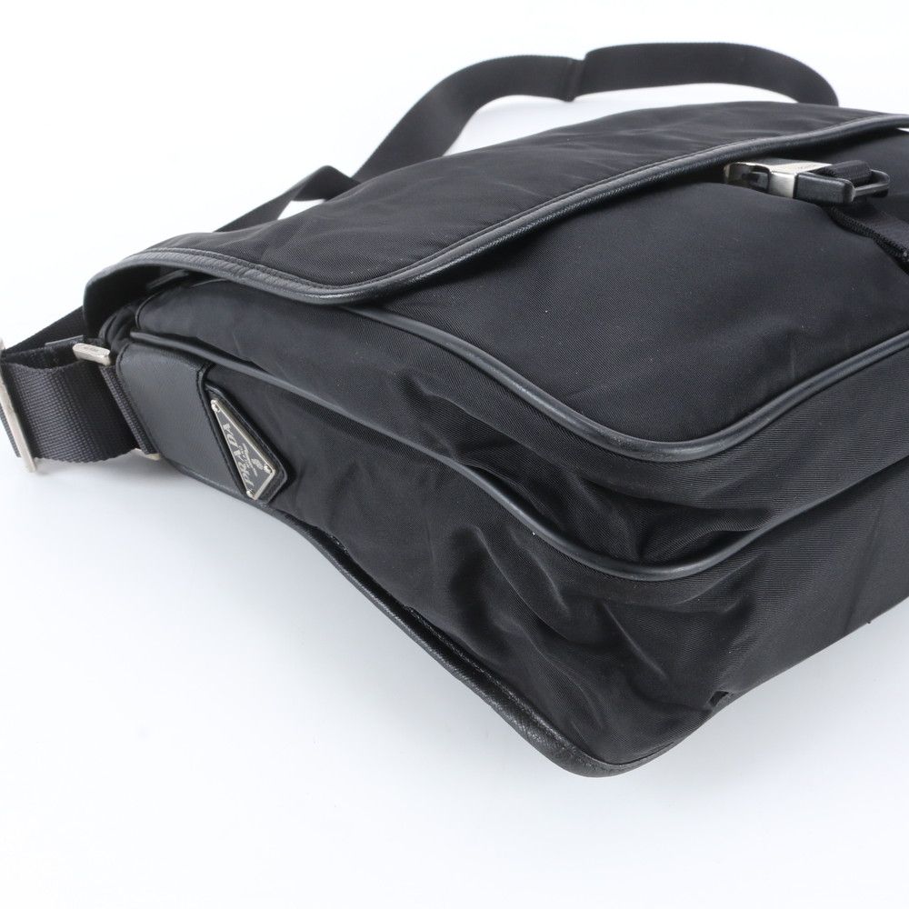 Prada Tessuto Nylon Triangle Logo Leather Shoulder Bag Crossbody Messenger Black — view 6