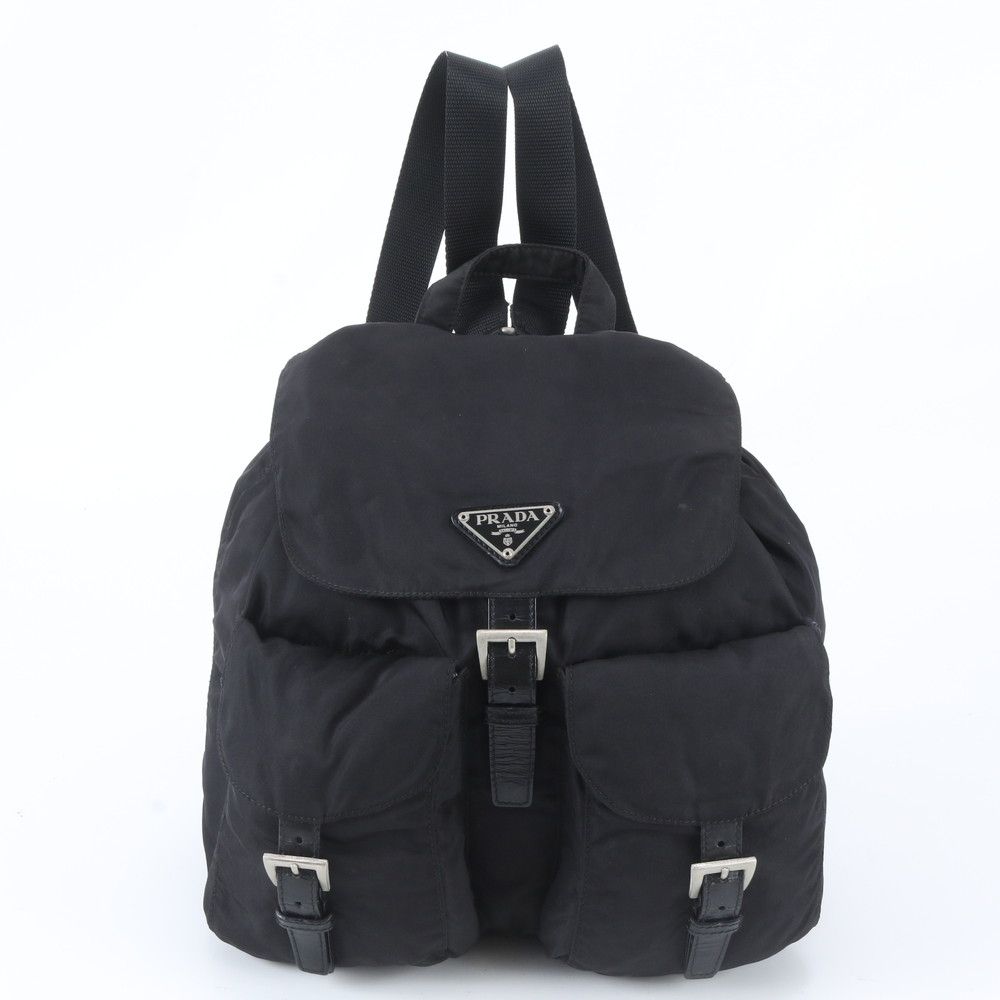 Prada Tessuto Nylon Triangle Logo Leather Backpack Black
