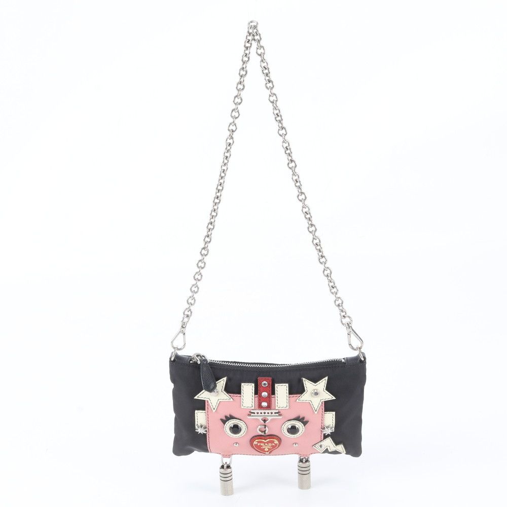 Prada Robot Leather Nylon 2-Way Chain Shoulder Bag Crossbody Clutch