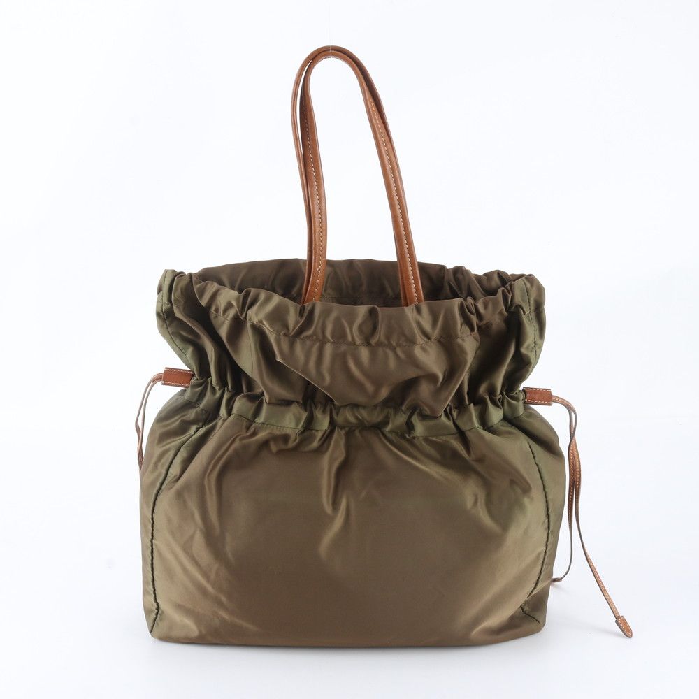 Prada Tessuto Nylon Jacquard Logo Drawstring Leather Tote Bag Shoulder Hand — view 3
