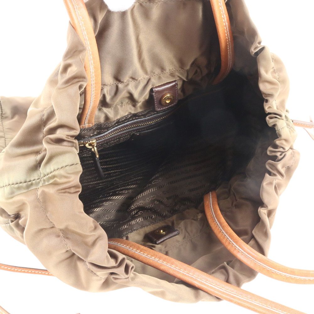 Prada Tessuto Nylon Jacquard Logo Drawstring Leather Tote Bag Shoulder Hand — view 7