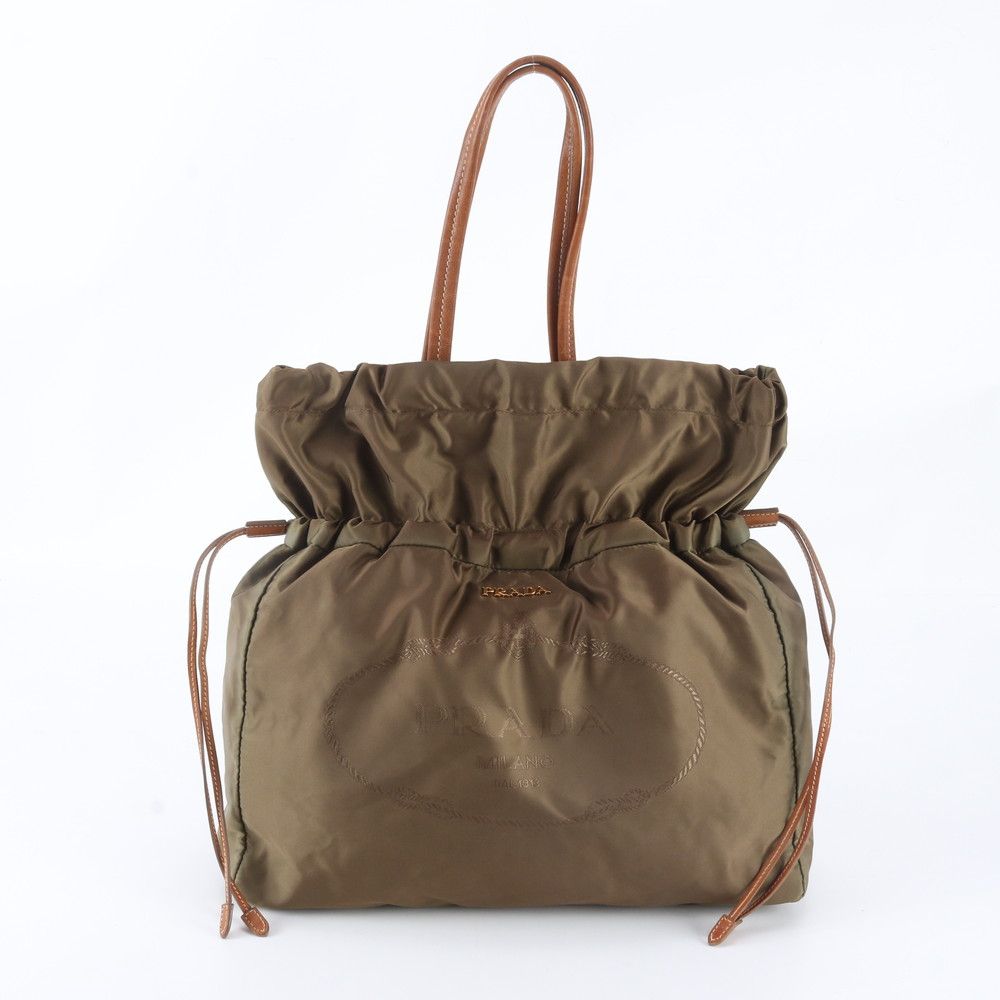 Prada Tessuto Nylon Jacquard Logo Drawstring Leather Tote Bag Shoulder Hand
