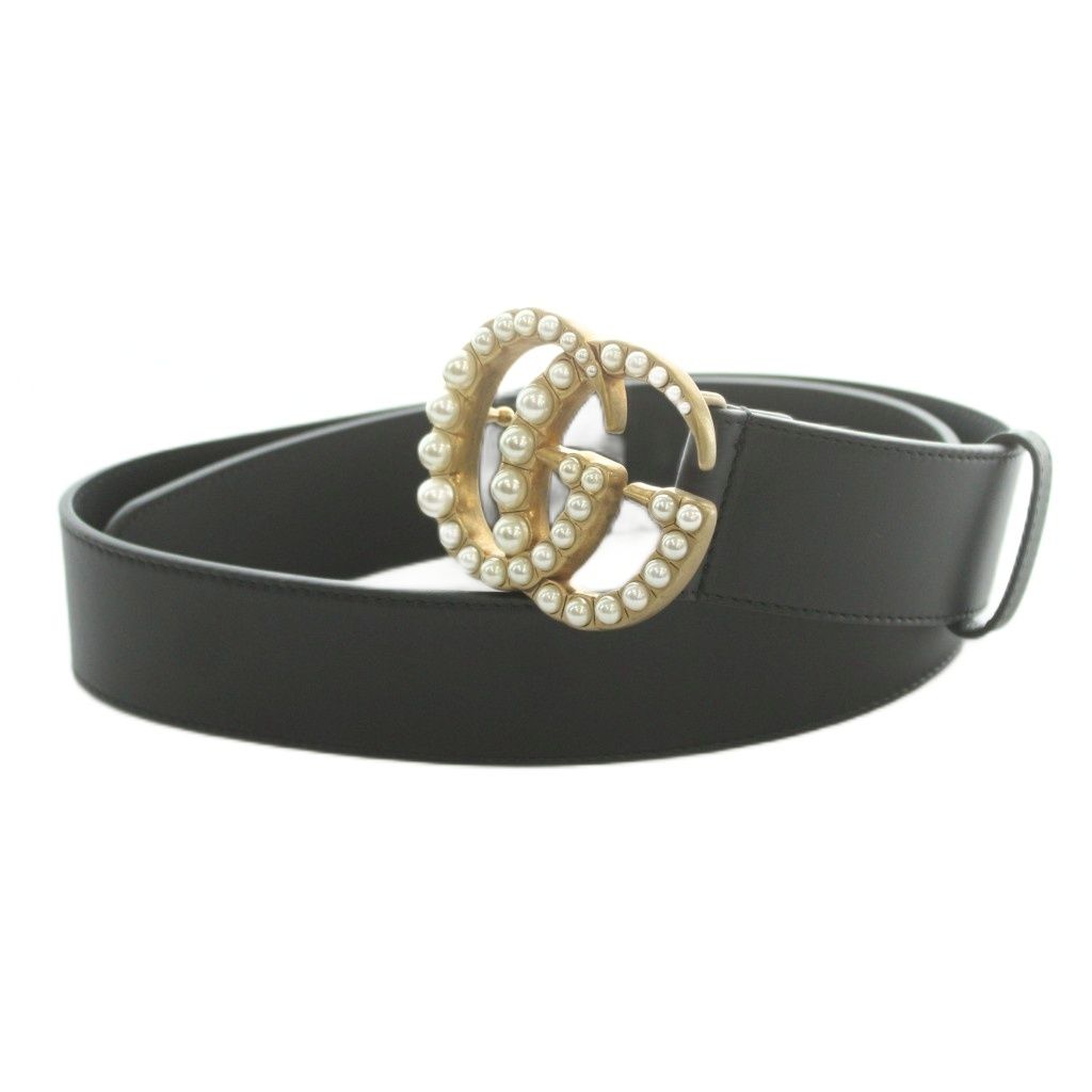 Gucci Pearl Double G Wide Belt Leather 80/32 Black OH