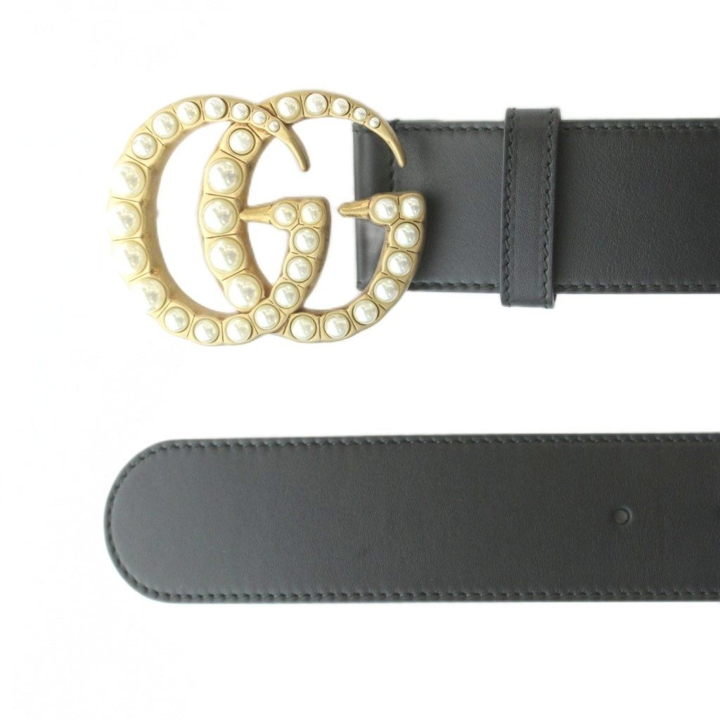 Gucci Pearl Double G Wide Belt Leather 80/32 Black OH — view 3