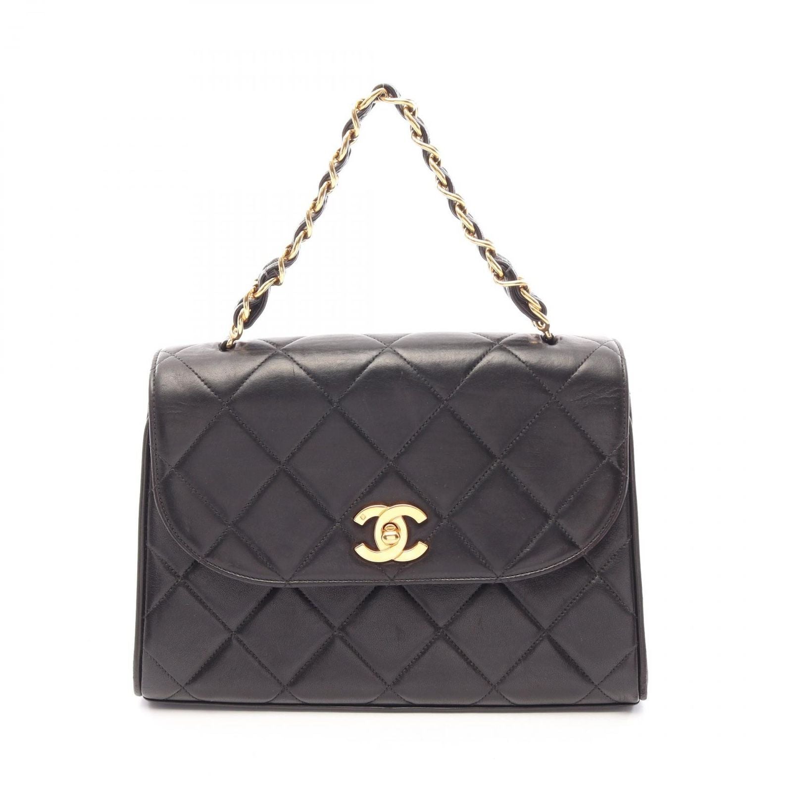 Chanel Handbag Quilted Black Lambskin Chain Top Handle Bag